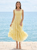 A Line Tulle Square Neck Sleeveless Long Formal Dresses