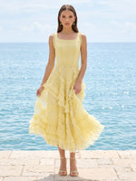 A Line Tulle Square Neck Sleeveless Long Formal Dresses