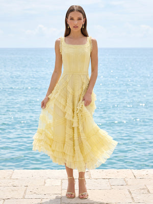 A Line Tulle Square Neck Sleeveless Long Formal Dresses