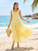 A Line Tulle Square Neck Sleeveless Long Formal Dresses
