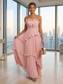 A Line Pleated Strapless Sleeveless Long Formal Dresses
