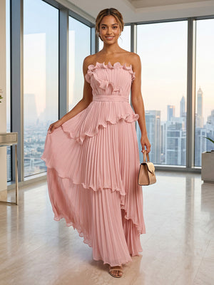 A Line Pleated Strapless Sleeveless Long Formal Dresses