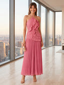 A Line Pleated Halter Sleeveless Long Formal Dresses