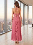 A Line Pleated Halter Sleeveless Long Formal Dresses