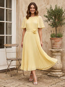 A Line Round Neck Short Sleeve Long Formal Dresses with Flowers