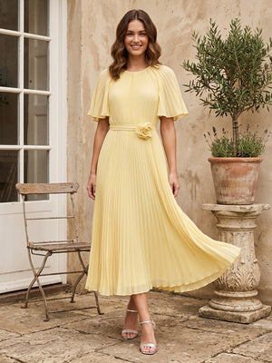 A Line Round Neck Short Sleeve Long Formal Dresses with Flowers