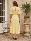 A Line Round Neck Short Sleeve Long Formal Dresses with Flowers