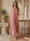A Line Pleated Halter Sleeveless Long Formal Dresses