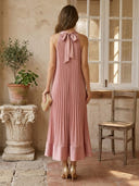 A Line Pleated Halter Sleeveless Long Formal Dresses