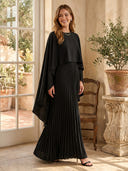 A Line Pleated Round Neck Long Formal Dresses with Cape
