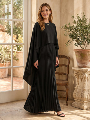 A Line Pleated Round Neck Long Formal Dresses with Cape
