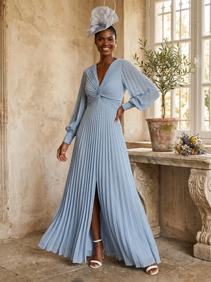 A Line Pleated V Neck Long Sleeve Formal Dresses with Slit