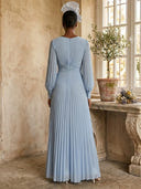 A Line Pleated V Neck Long Sleeve Formal Dresses with Slit