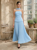 A Line Pleated Strapless Sleeveless Long Formal Dresses with Scarf