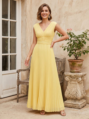 A Line V Neck Sleeveless Long Formal Dresses with Pleats
