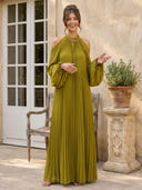 A Line Chiffon Pleated Halter Long Sleeve Formal Dresses