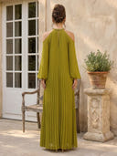 A Line Chiffon Pleated Halter Long Sleeve Formal Dresses