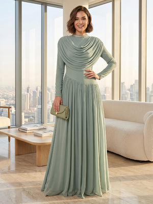 Chiffon Cowl Neck A Line Long Sleeves Formal Dresses