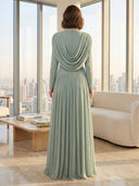 Chiffon Cowl Neck A Line Long Sleeves Formal Dresses