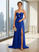 Chiffon Mermaid Strapless Long Cut Out Formal Dresses with Slit