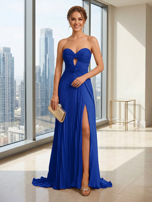 Chiffon Mermaid Strapless Long Cut Out Formal Dresses with Slit