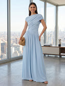 Chiffon Mermaid Short Sleeves Formal Dresses with Pleated