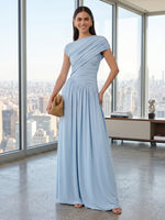 Chiffon Mermaid Short Sleeves Formal Dresses with Pleated