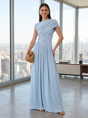 Chiffon Mermaid Short Sleeves Formal Dresses with Pleated