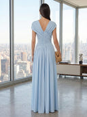 Chiffon Mermaid Short Sleeves Formal Dresses with Pleated