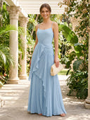 Chiffon A Line Spaghetti Straps Long Formal Dresses with Ruffles