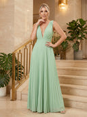 Chiffon Double V Neck Long Sleeveless Formal Dresses with Pleated