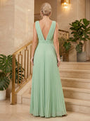 Chiffon Double V Neck Long Sleeveless Formal Dresses with Pleated
