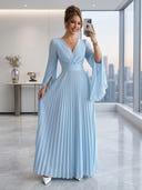 Chiffon Long Sleeves V Neck A Line Formal Dresses with Pleated