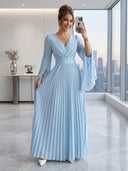 Chiffon Long Sleeves V Neck A Line Formal Dresses with Pleated Wedding Guest Maxi Dresses