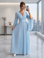 Chiffon Long Sleeves V Neck A Line Formal Dresses with Pleated