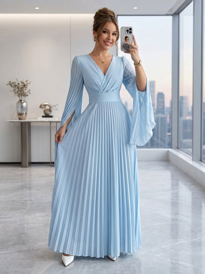 Chiffon Long Sleeves V Neck A Line Formal Dresses with Pleated