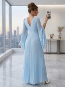 Chiffon Long Sleeves V Neck A Line Formal Dresses with Pleated