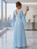 Chiffon Long Sleeves V Neck A Line Formal Dresses with Pleated Wedding Guest Maxi Dresses