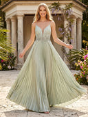 Chiffon Spaghetti Straps A Line V Neck Long Formal Dresses with Pleated