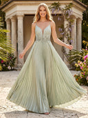A Line Formal Dresses V Neck Sleeveless Long Formal Dresses with Pleats Wedding Guest Maxi Dresses