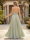 Chiffon Spaghetti Straps A Line V Neck Long Formal Dresses with Pleated