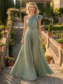 Chiffon One Shoulder A Line Long Formal Dresses with Bow