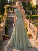 Chiffon One Shoulder A Line Long Formal Dresses with Bow