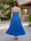 Satin A Line Strapless Tea Length Formal Dresses with Pleated