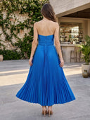 Satin A Line Strapless Tea Length Formal Dresses with Pleated Wedding Guest Maxi Dresses