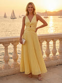 Chiffon Double V Neck Cut Out A Line Long Formal Dresses with Pleated