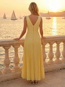 Chiffon Double V Neck Cut Out A Line Long Formal Dresses with Pleated