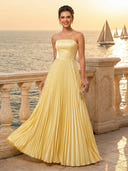 Satin A Line Strapless Long Formal Dresses with Pleated