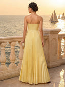 Satin A Line Strapless Long Formal Dresses with Pleated