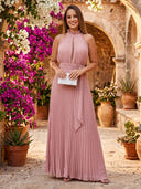 Chiffon Halter A Line Sleeveless Long Formal Dresses with Belt